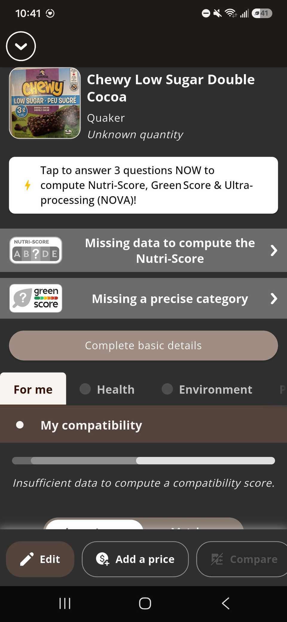 filling out the chewy low sugar double cocoa label in open food facts app