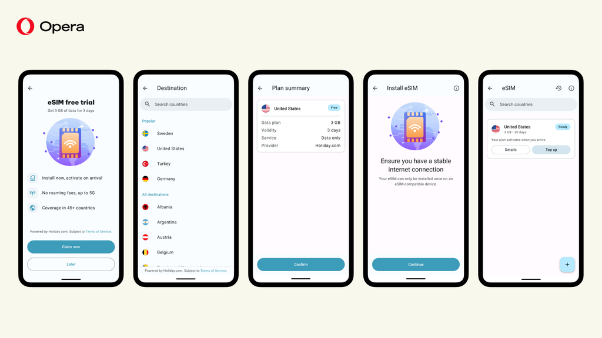 Image showing the eSIM feature in the Opera app on Android