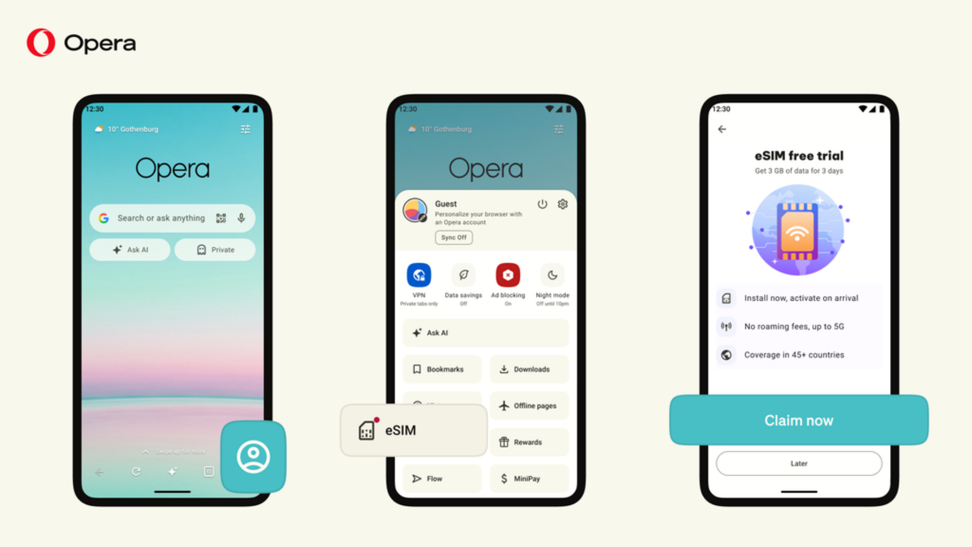 Image showing how to claim eSIM free trial in the Opera app on Android