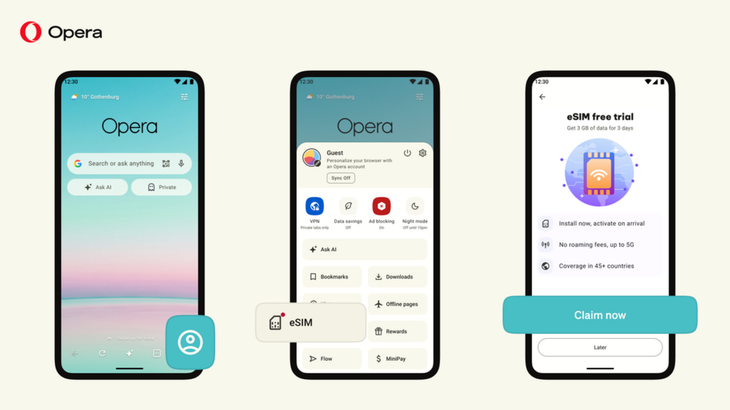 Image showing how to claim eSIM free trial in the Opera app on Android