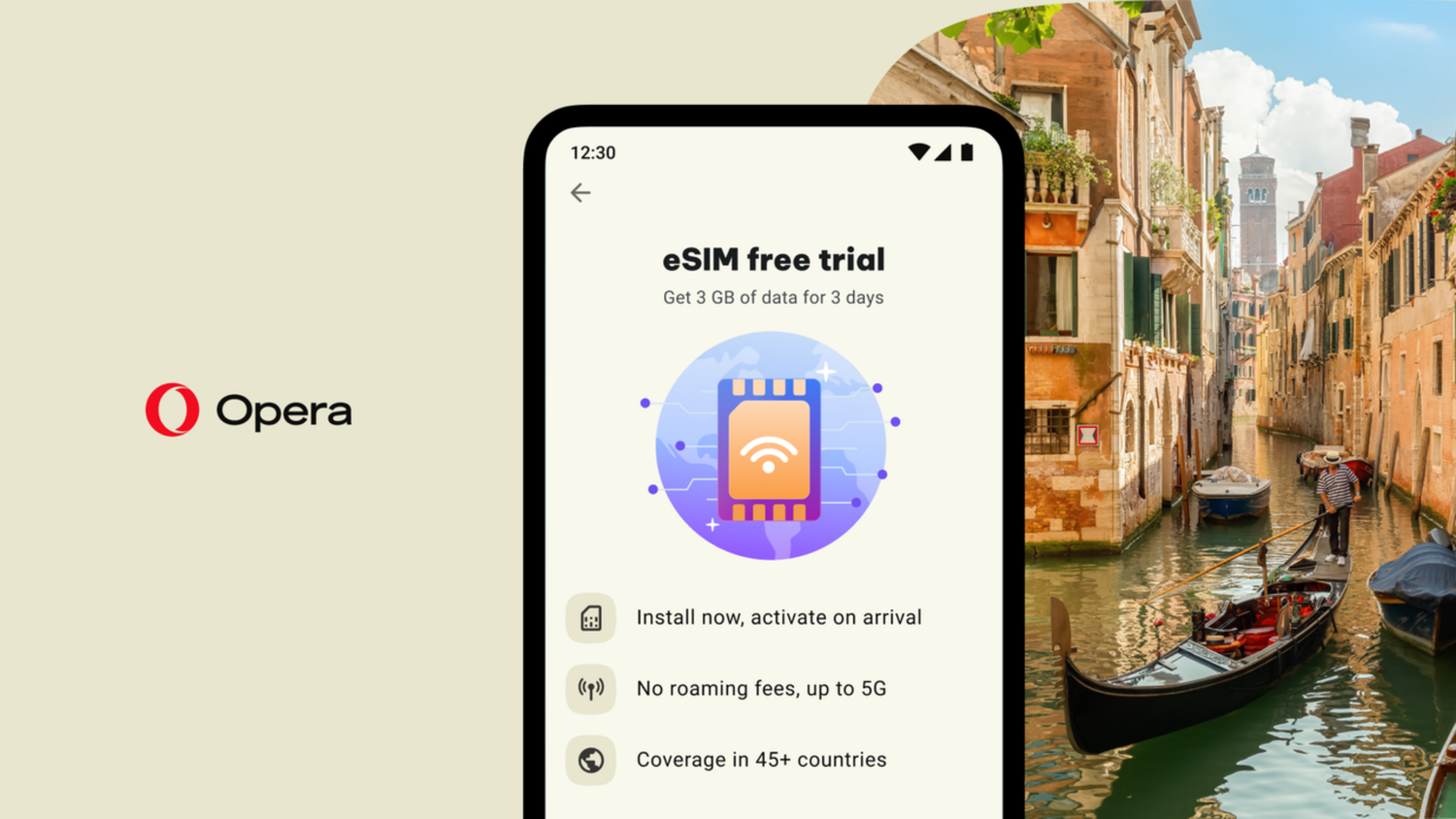 Image showing eSIM free trial in the Opera app on Android
