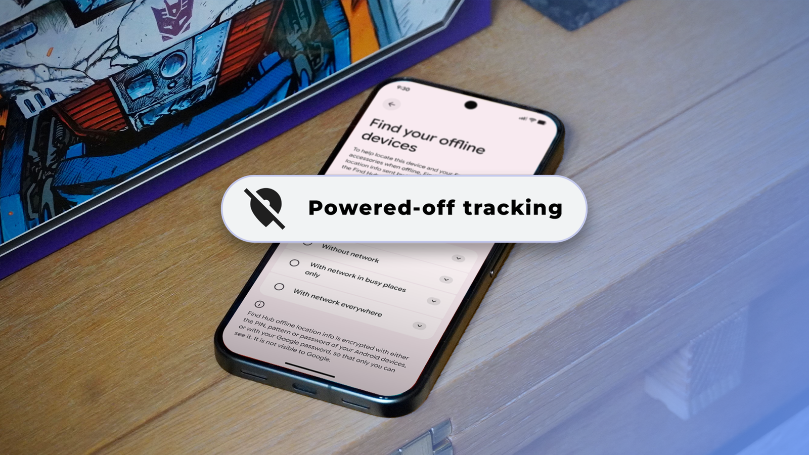 Pixel phone showing the 'Find your offline devices' setting with a 'Powered-off tracking' label over it.