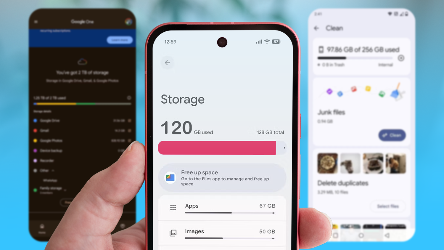 Pixel storage screen shown between Google One and Files by Google storage tools.