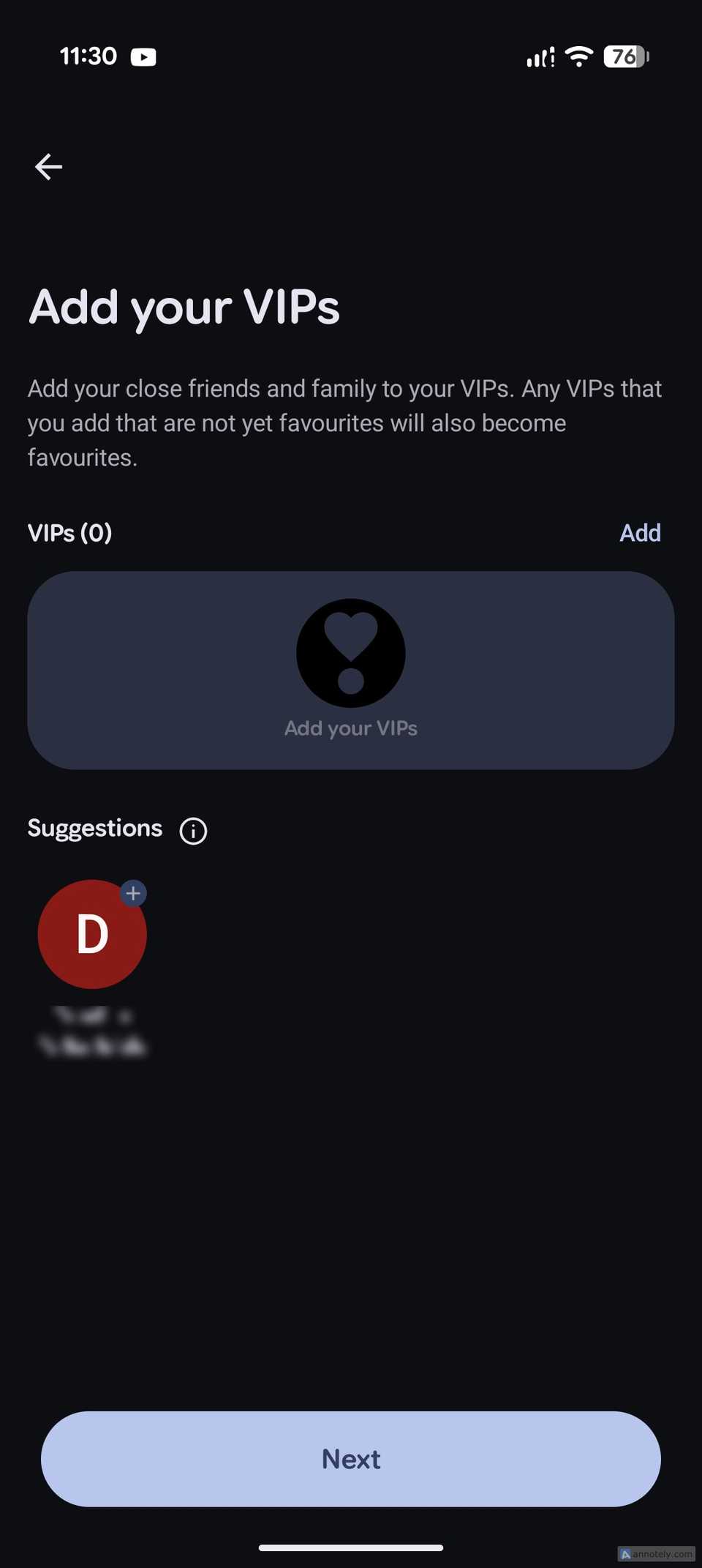 The Add your VIPs screen in Pixel VIPs with no contacts added and one suggested contact below.