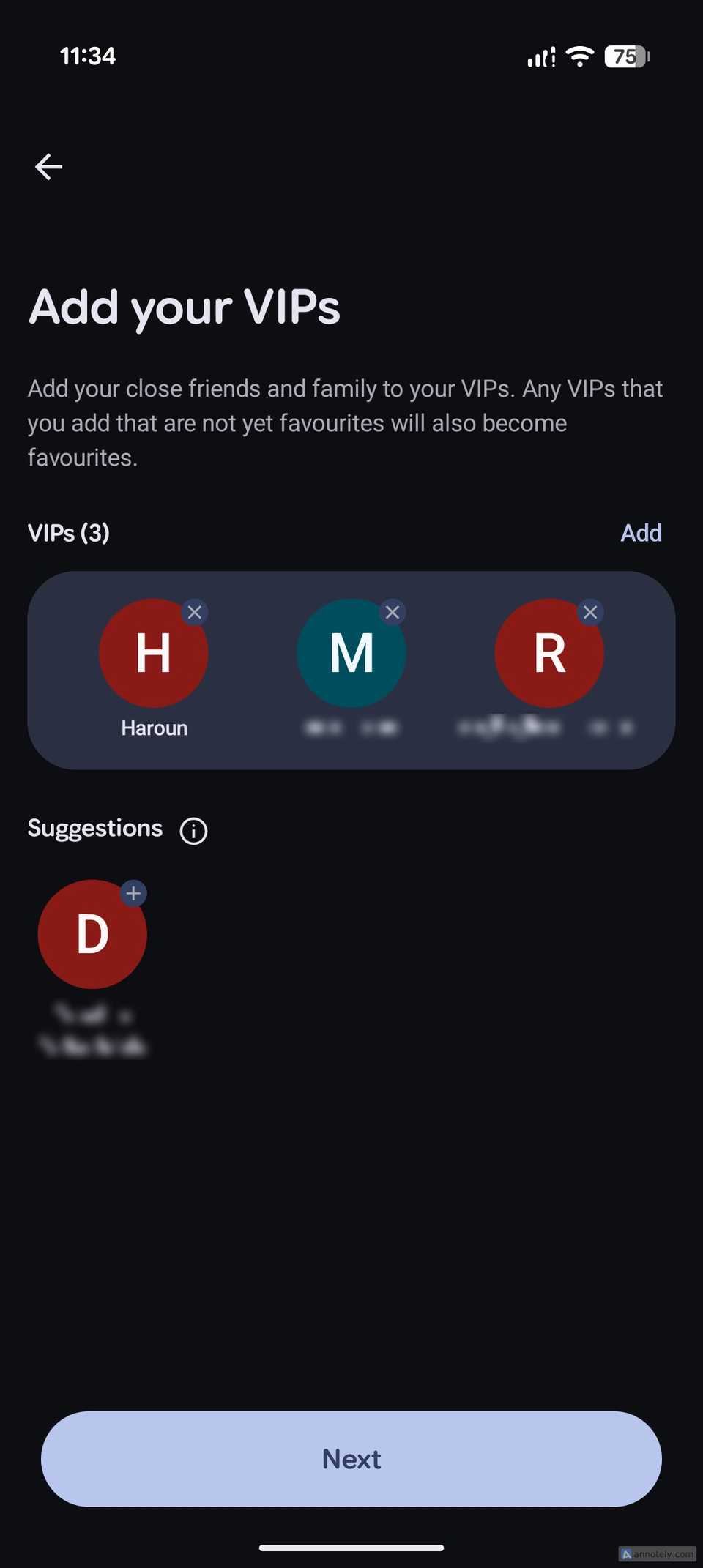 The Add your VIPs screen with three contacts added as VIPs and one suggestion below.