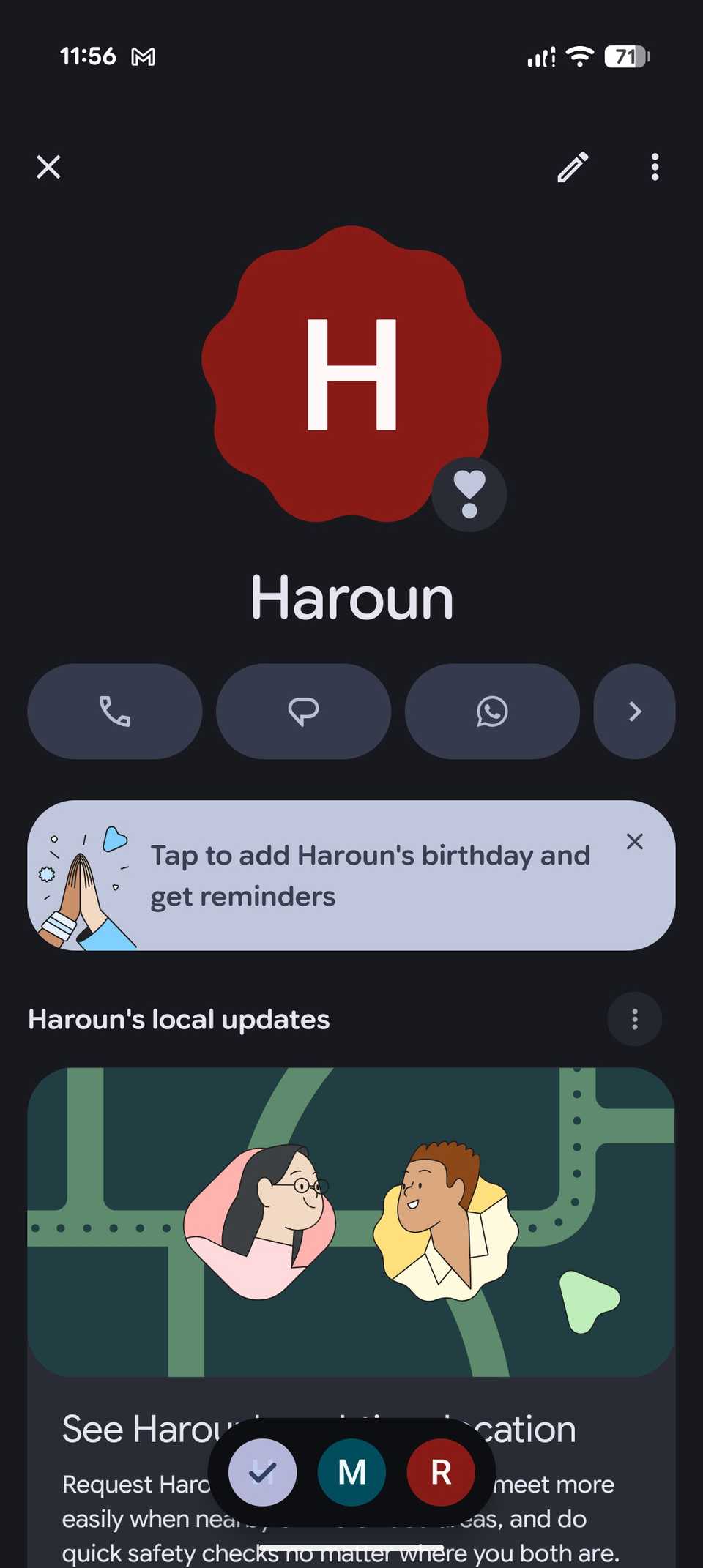 The top of a Pixel VIPs contact page, showing the contact's initial, call, text, and WhatsApp buttons, a birthday reminder card, and a local updates section.