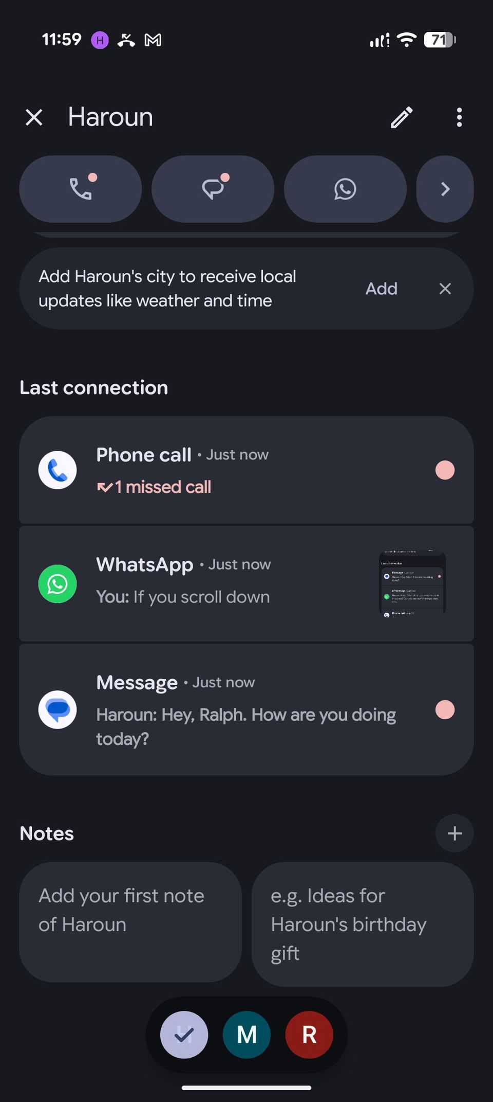 Pixel VIPs Last connection section showing the most recent call, SMS, and WhatsApp message.