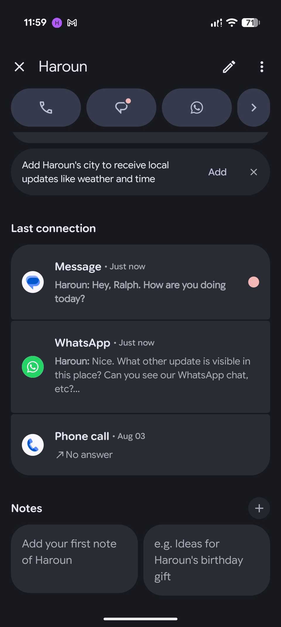 Pixel VIPs Last connection section showing the most recent call, SMS, and WhatsApp message.