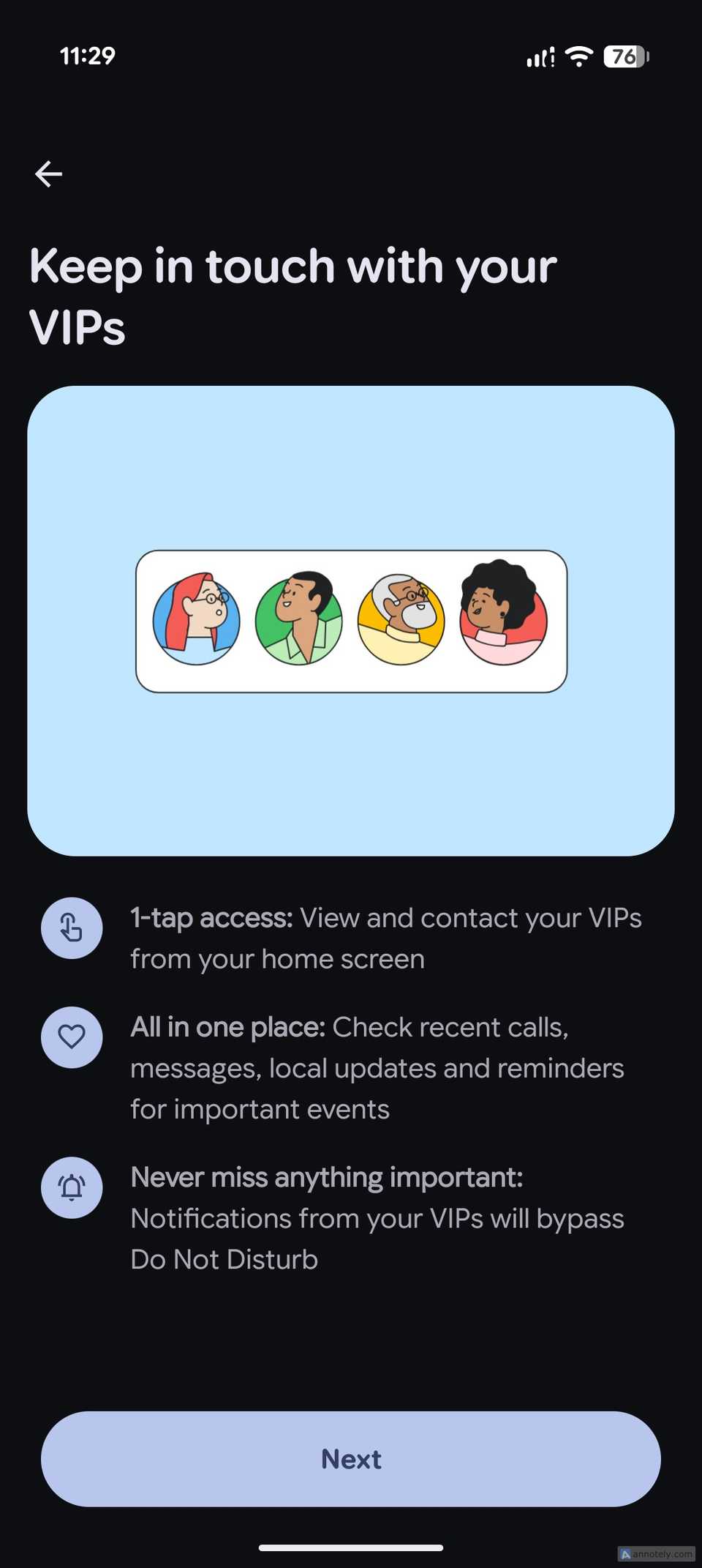 The Pixel VIPs intro screen listing its three perks: one-tap access, all in one place, and notifications that bypass DND.