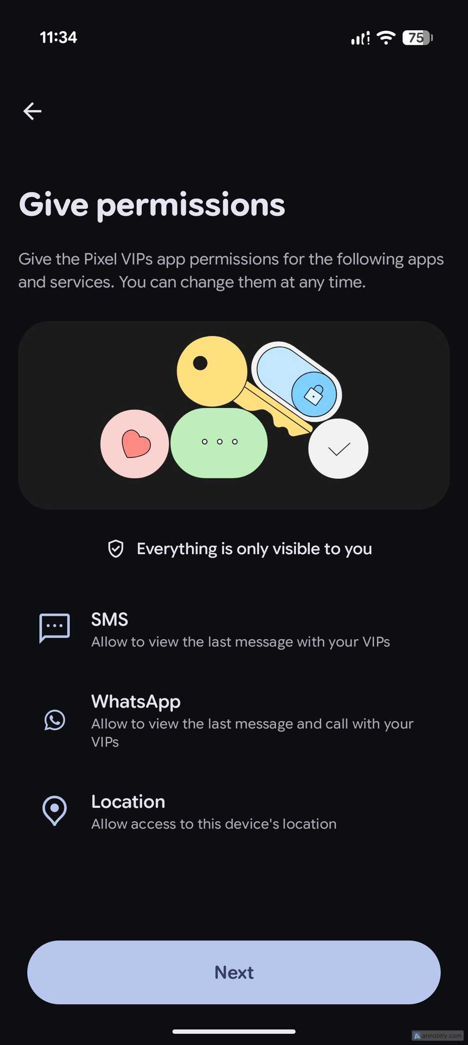 The Pixel VIPs permissions screen asking for SMS, WhatsApp, and location access.