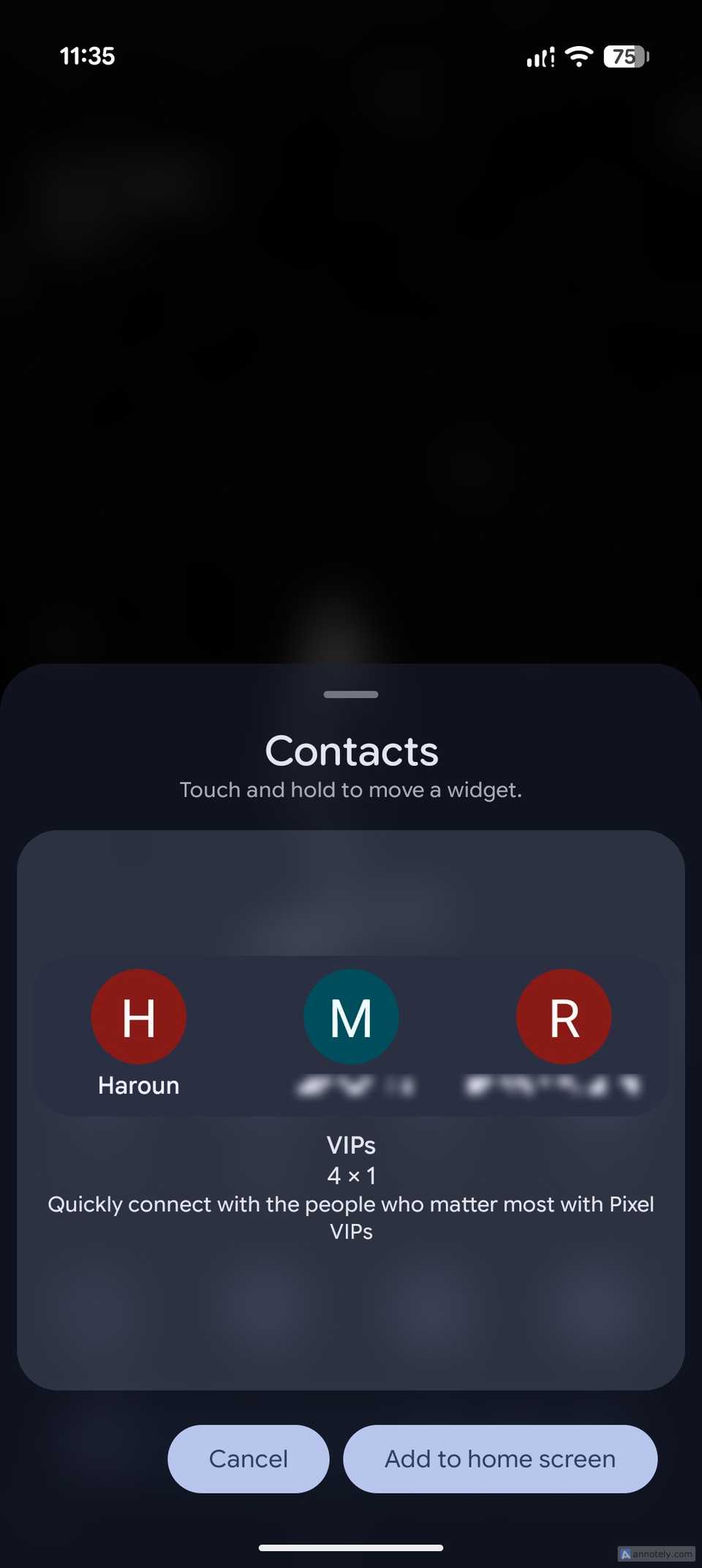 The Contacts widget picker showing a preview of the 4x1 Pixel VIPs widget with three contacts.