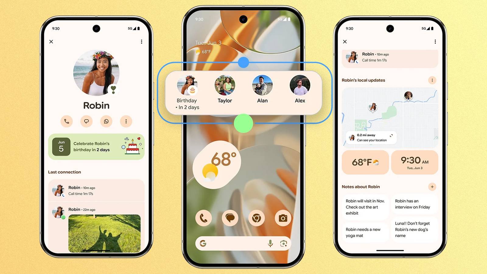 Pixel VIPs widget showing favorite contacts, updates, location, and notes.
