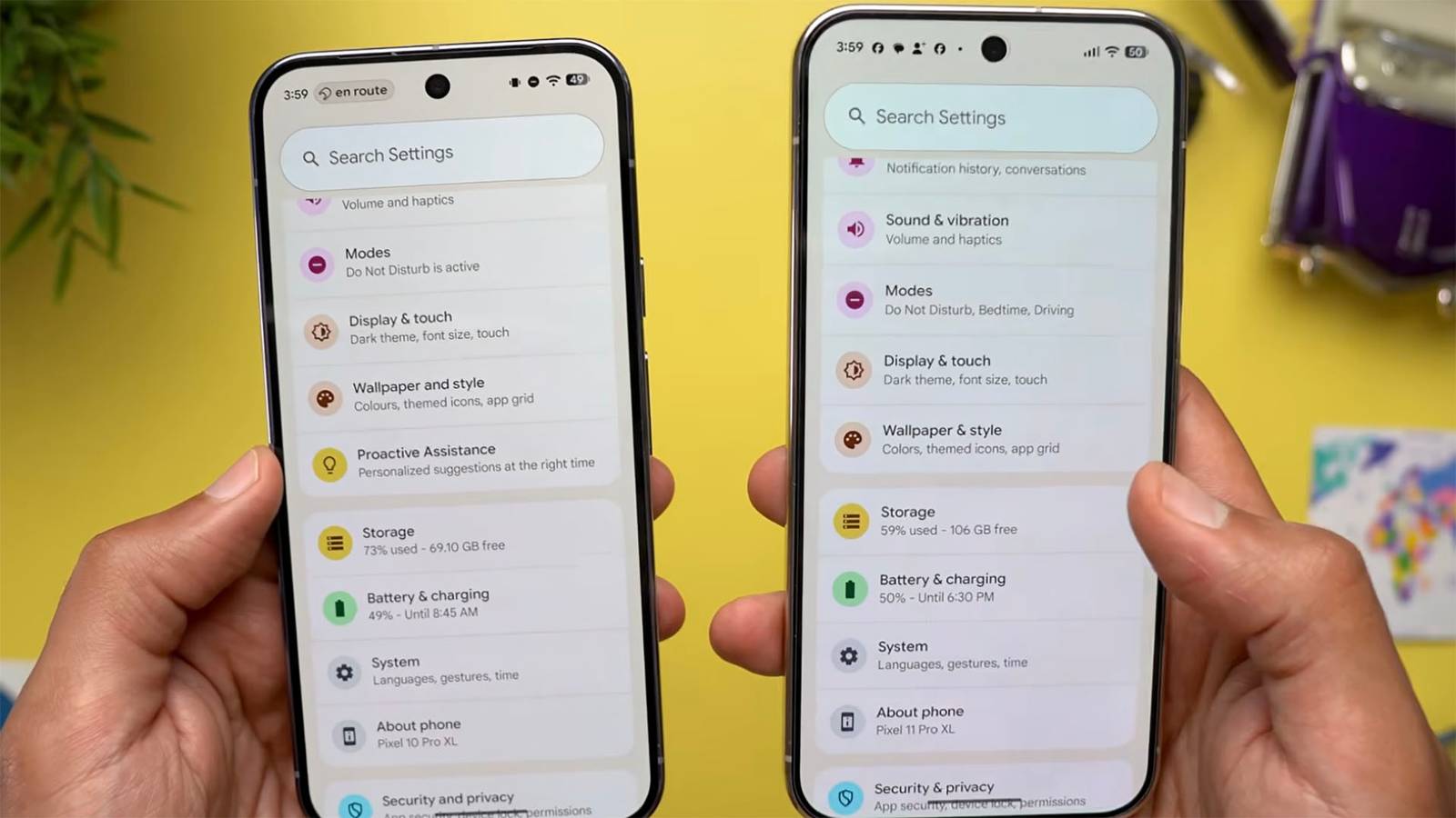 a still from In Depth Tech Reviews showing Proactive Assistance menu settings on two Pixels