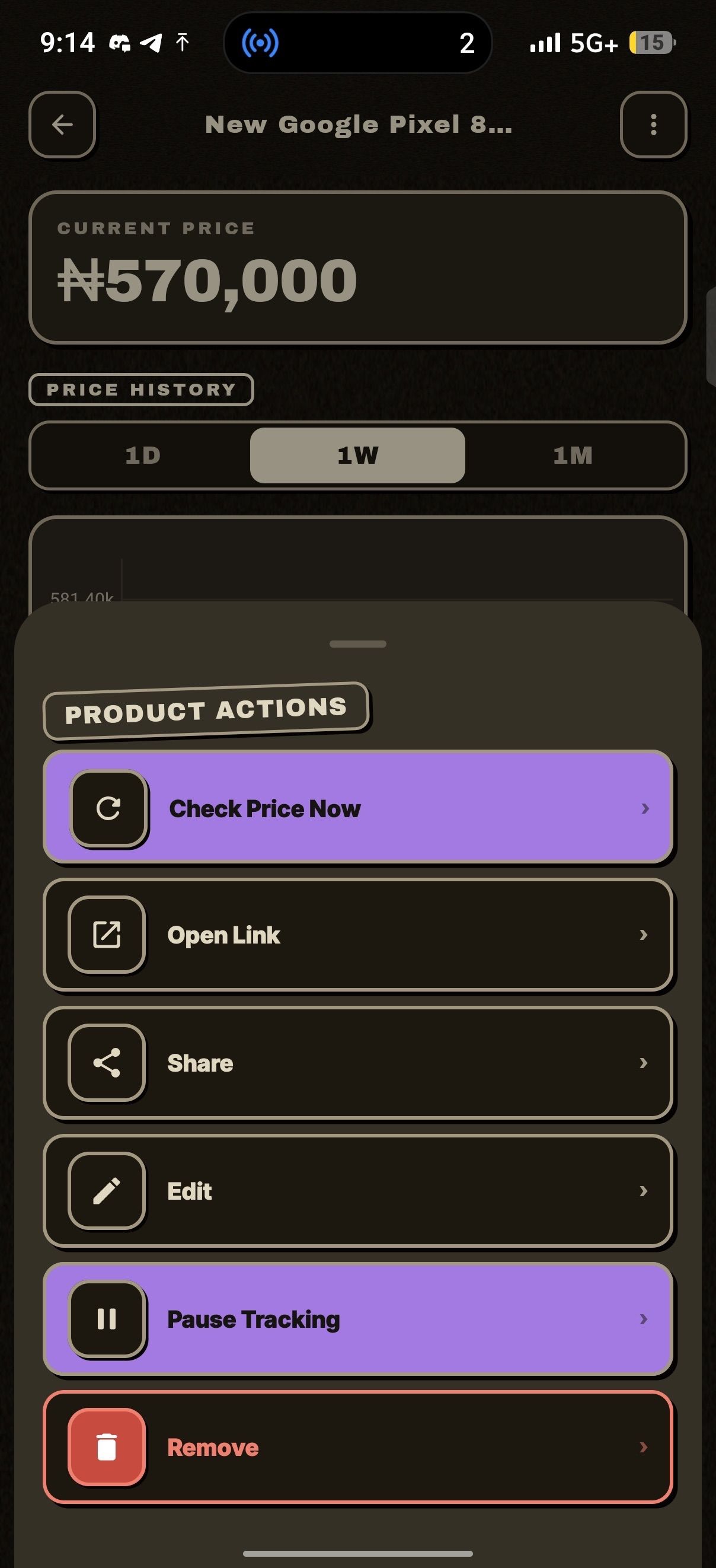 Product actions menu showing options to pause tracking and more