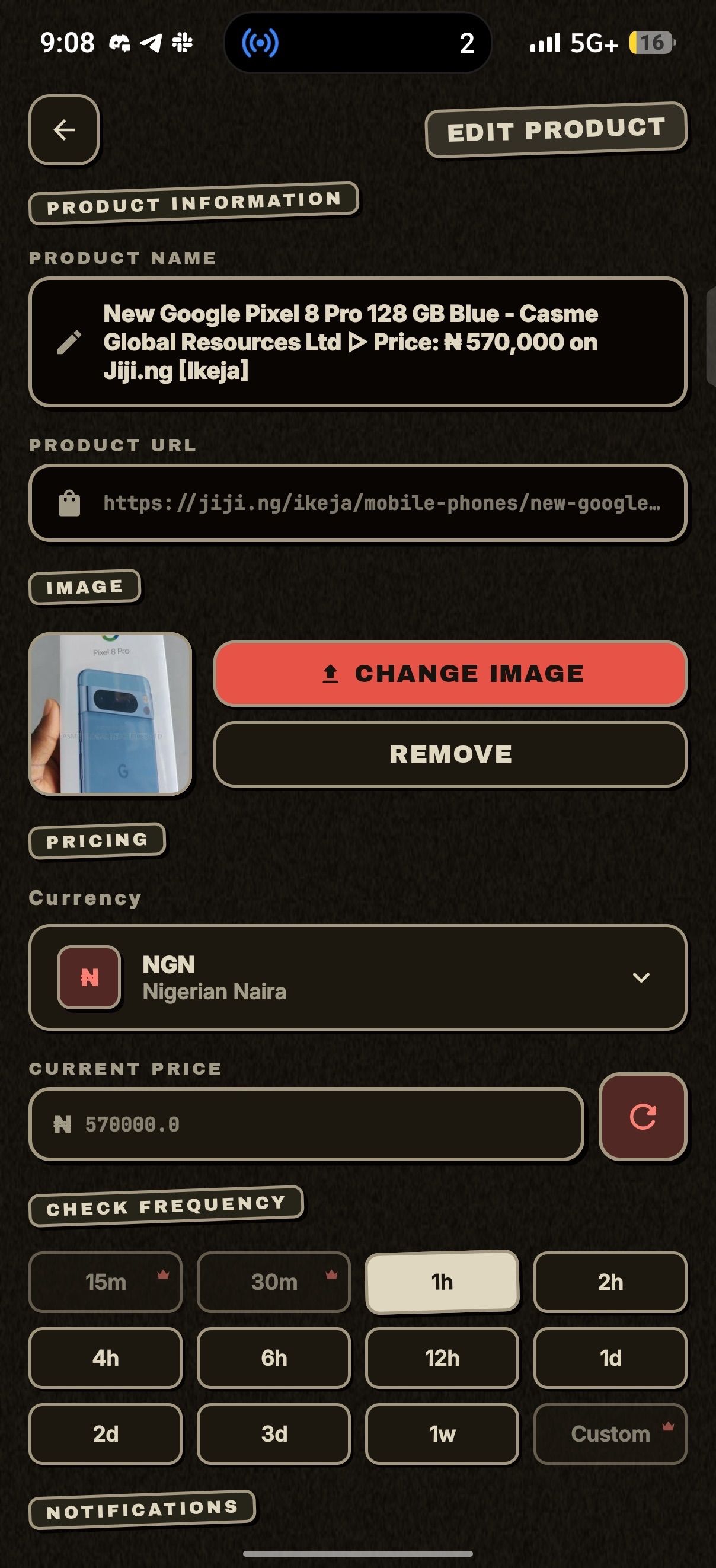 Edit product screen showing fields for product information on Droplert app