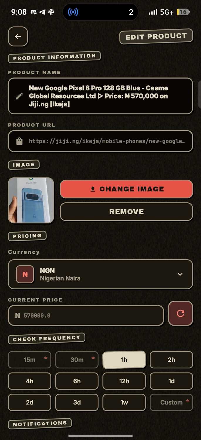Edit product screen showing fields for product information on Droplert app