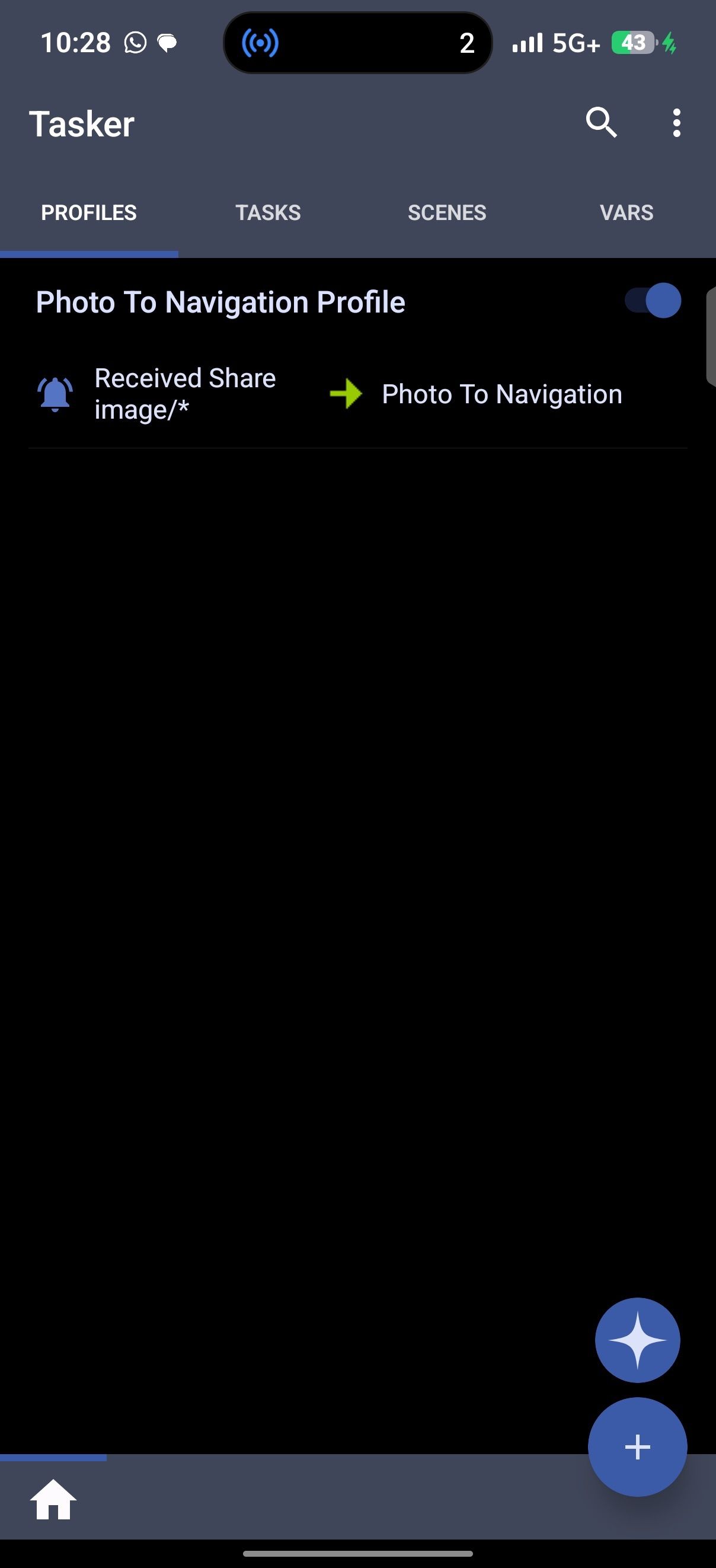 Tasker app showing active automation profile titled Photo To Navigation Profile