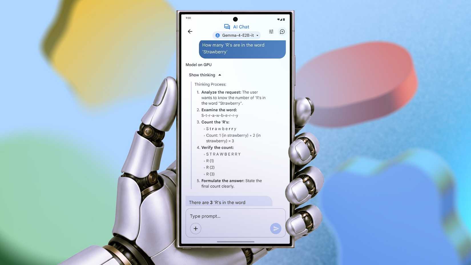 Robotic hand holding a smartphone running a local Gemma AI model