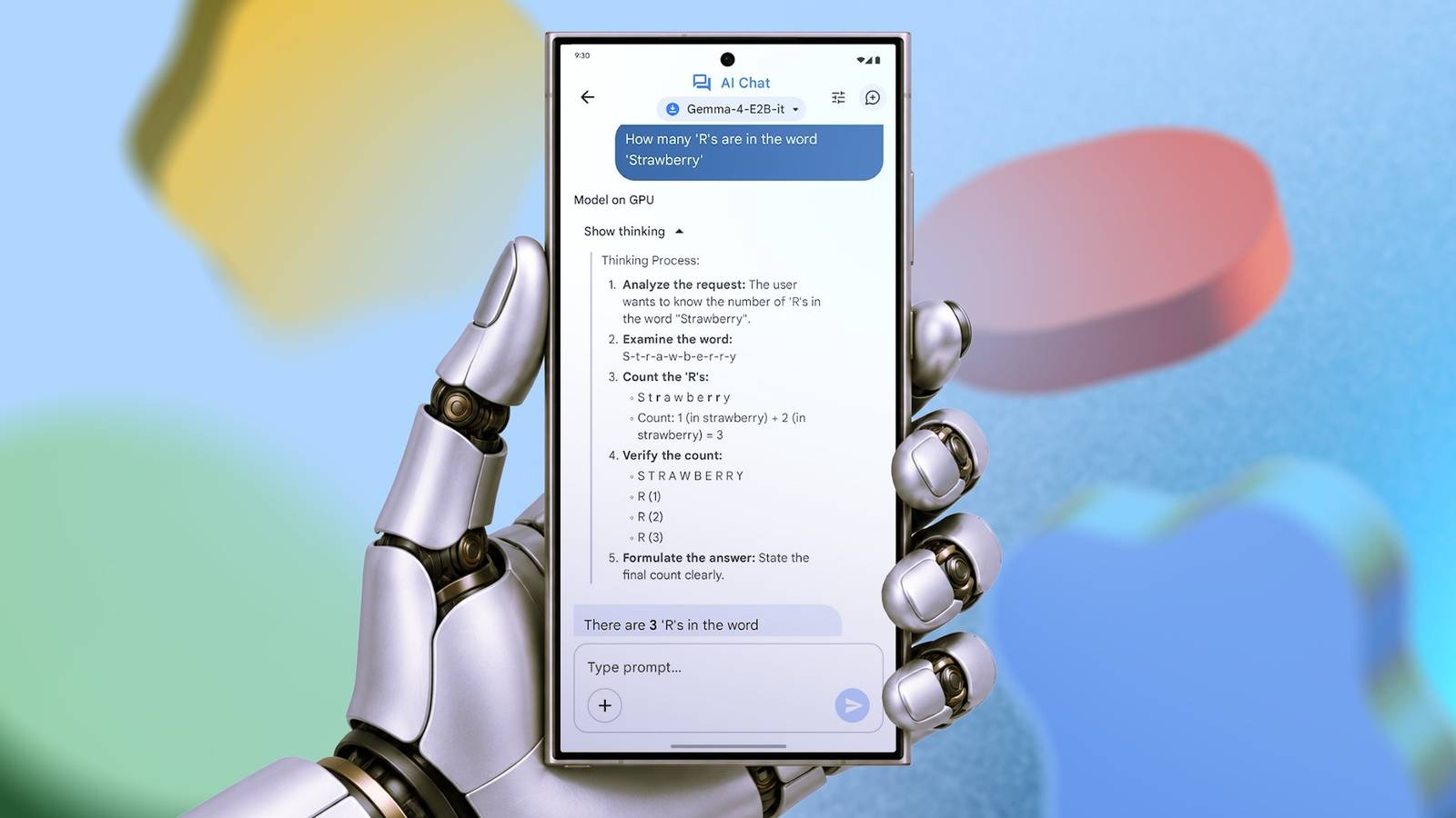 Robotic hand holding a smartphone running a local Gemma AI model.