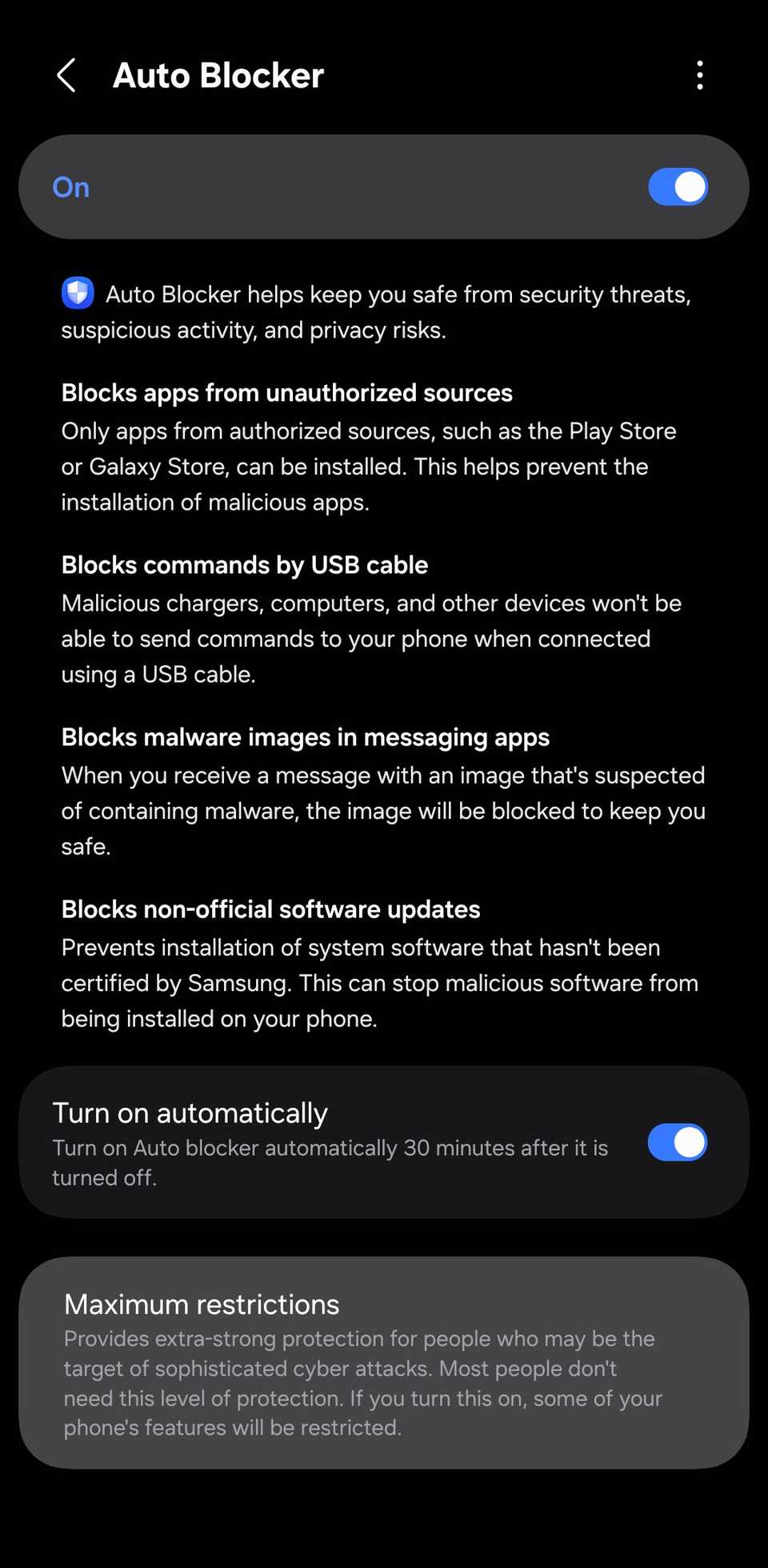 Schermata delle impostazioni di Samsung Galaxy Auto Blocker con 