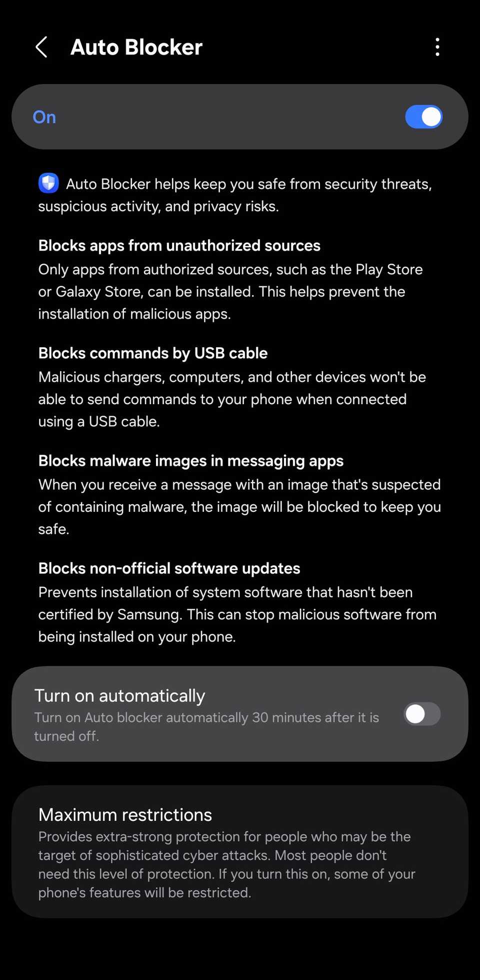 I tried Samsung's Auto Blocker; it does way more than I expected