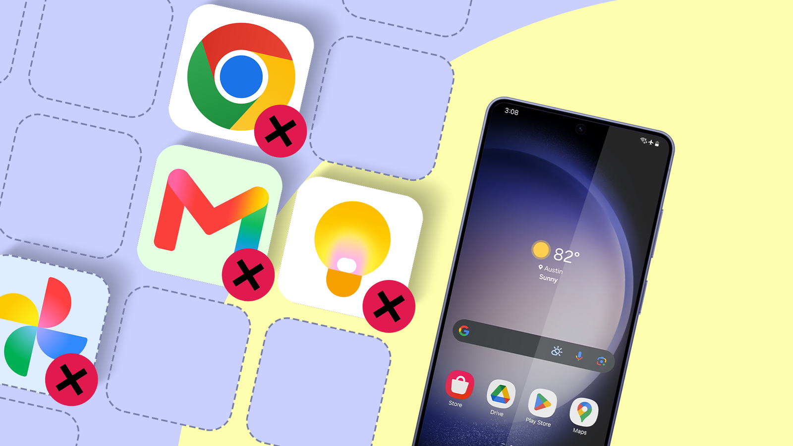 Samsung Galaxy phone next to Google app icons marked for removal.