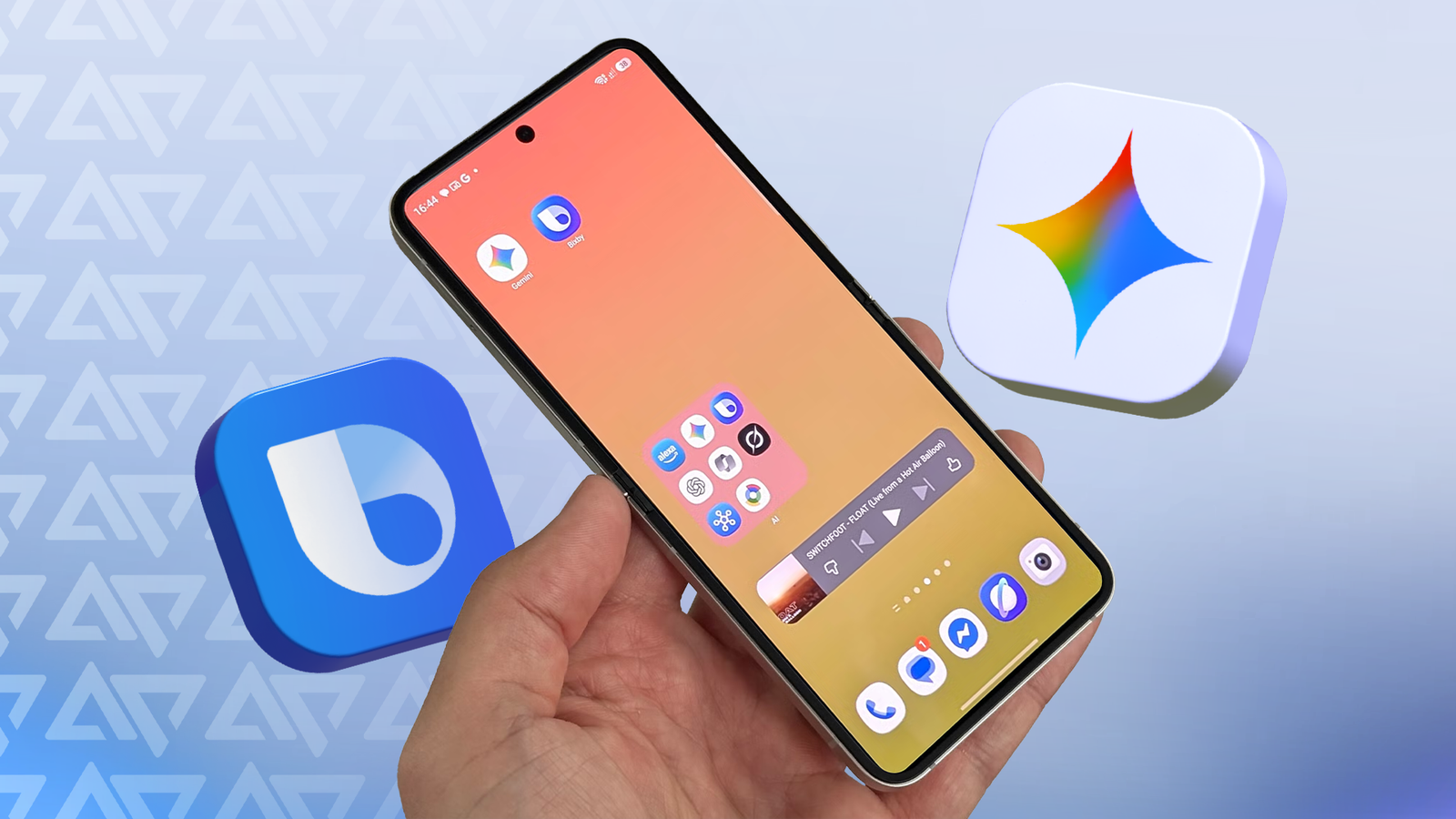 Samsung Galaxy phone with Gemini and Bixby icons.