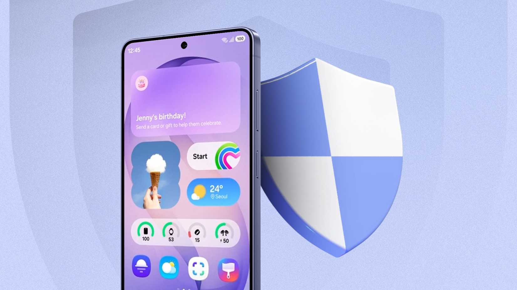 Samsung Galaxy phone shown beside a large security shield.