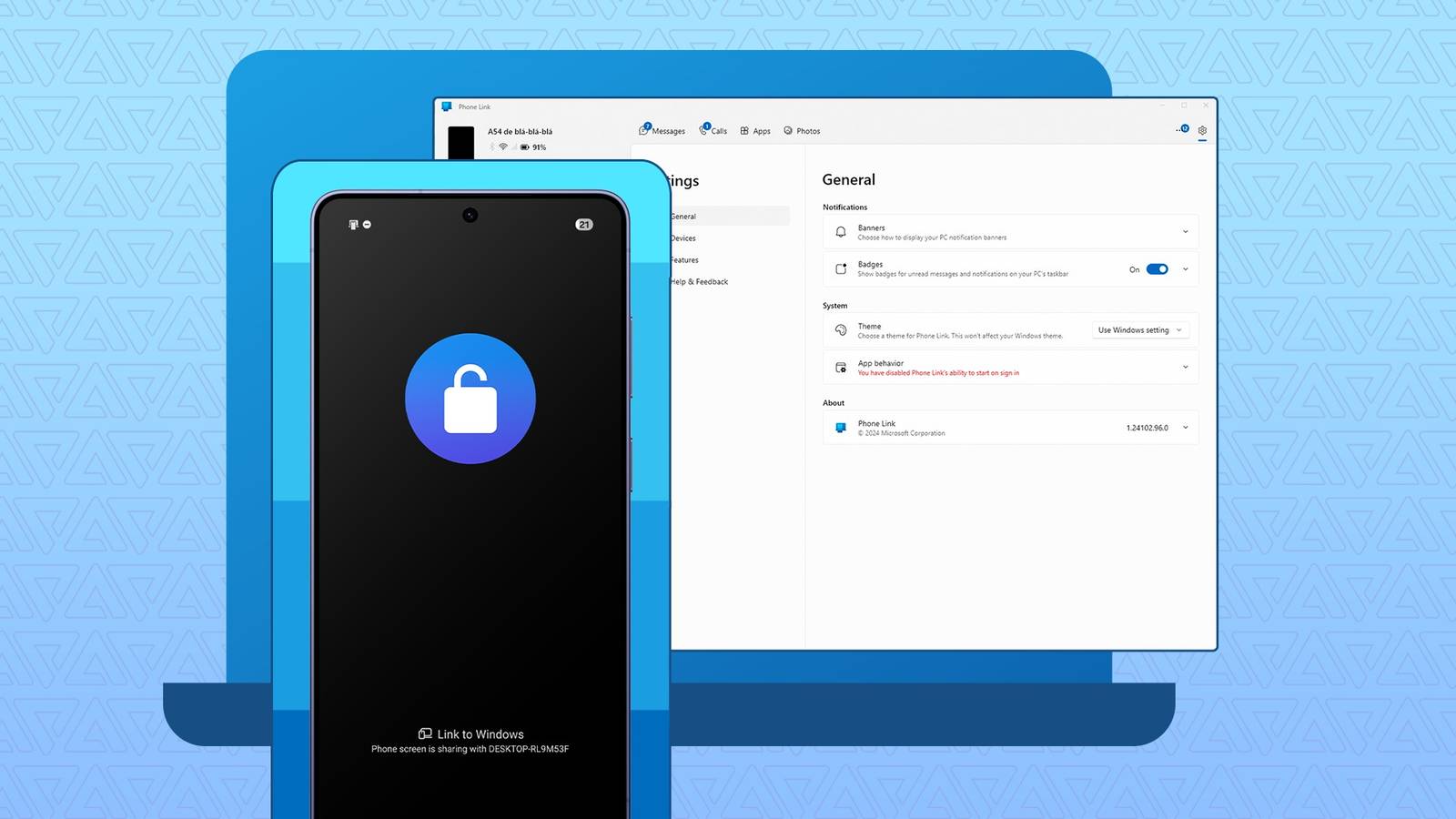 Samsung phone with an unlock icon in front of the Phone Link app on a laptop.