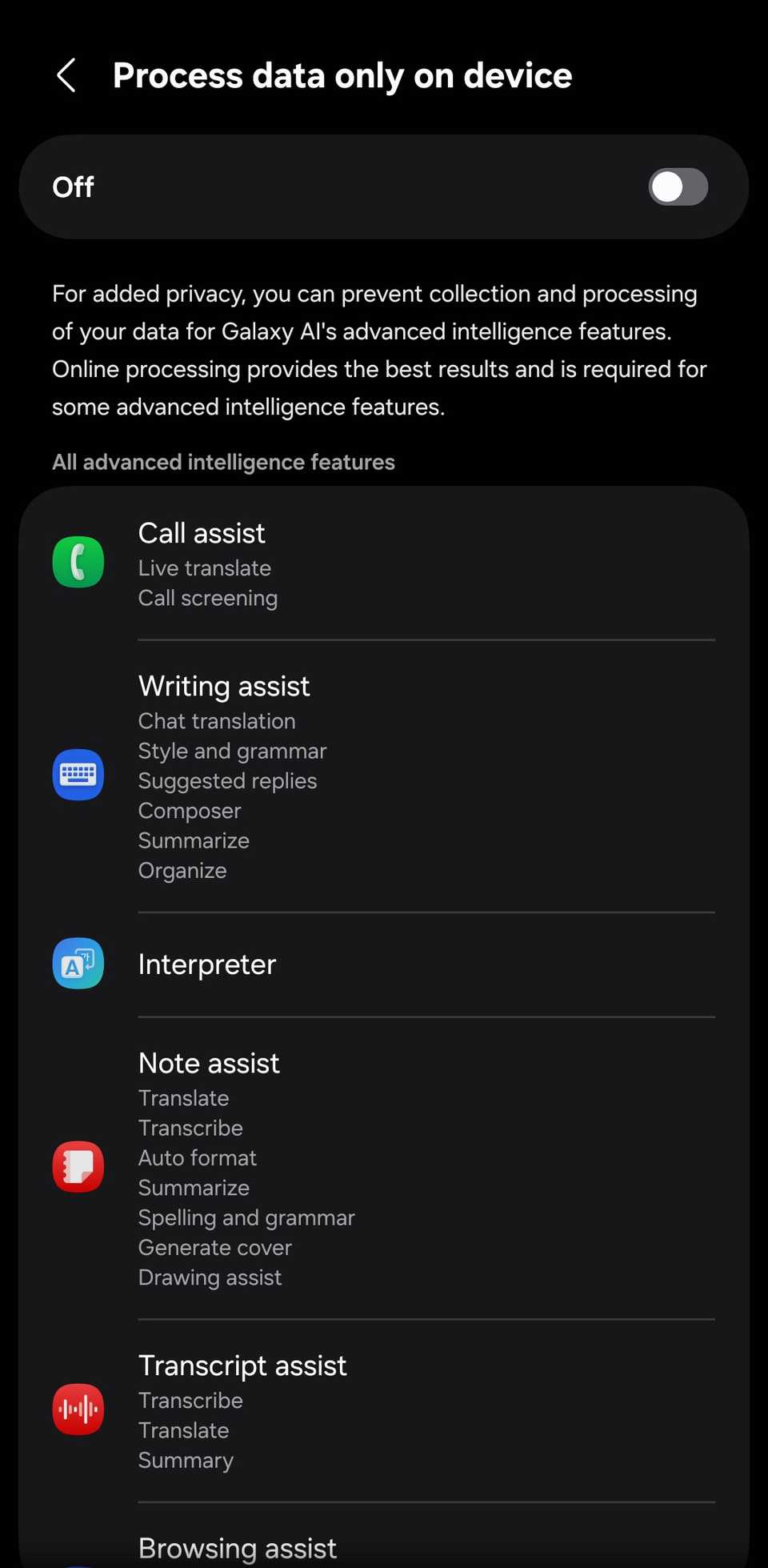 Samsung 'Process data only on device' setting disabled.