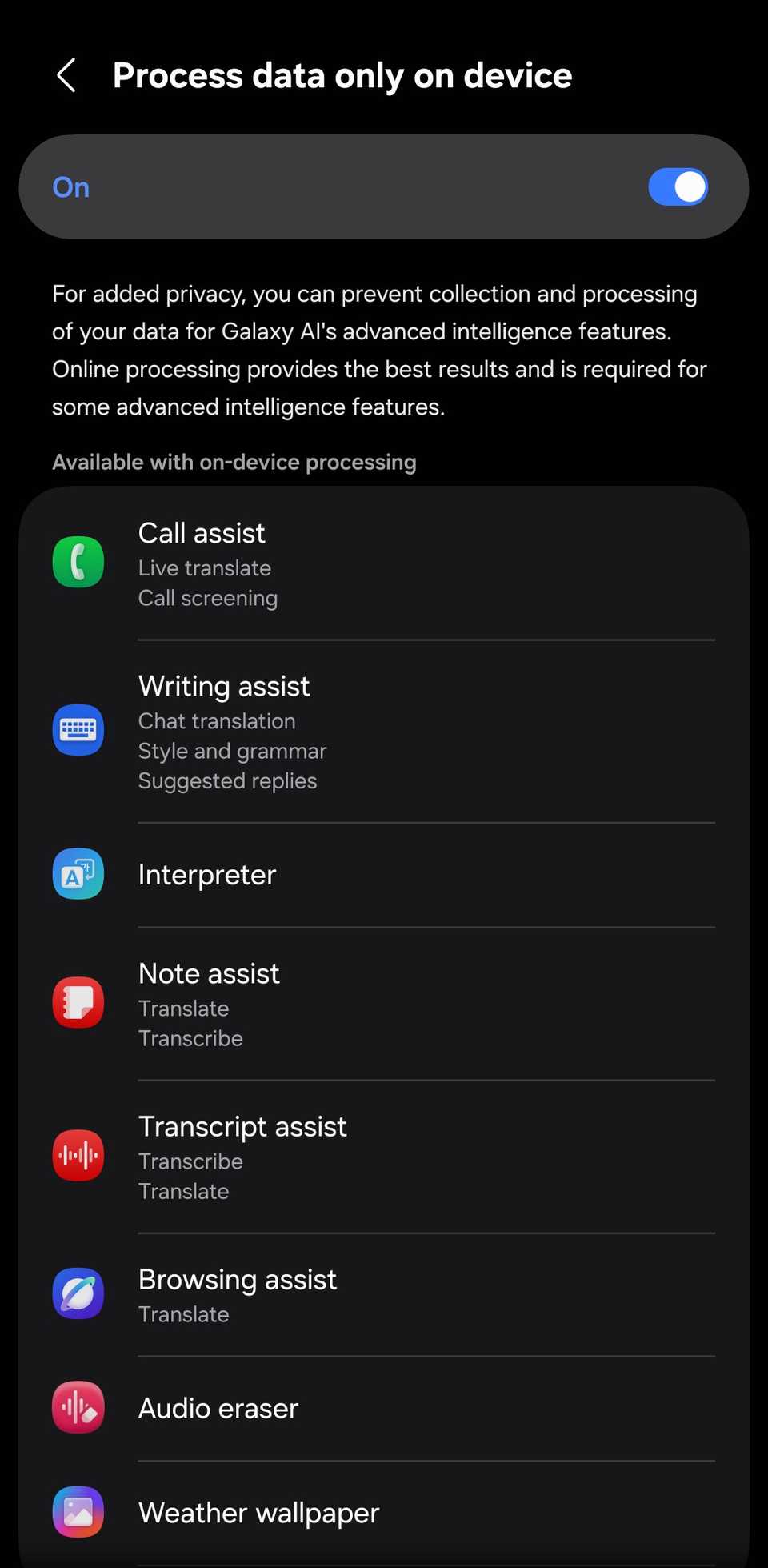 Samsung 'Process data only on device' setting enabled.