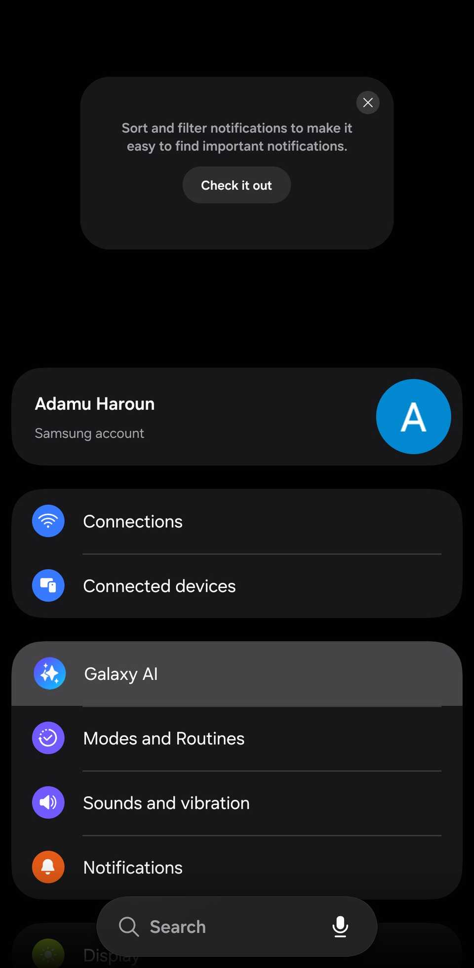 Samsung settings with Galaxy AI highlighted.