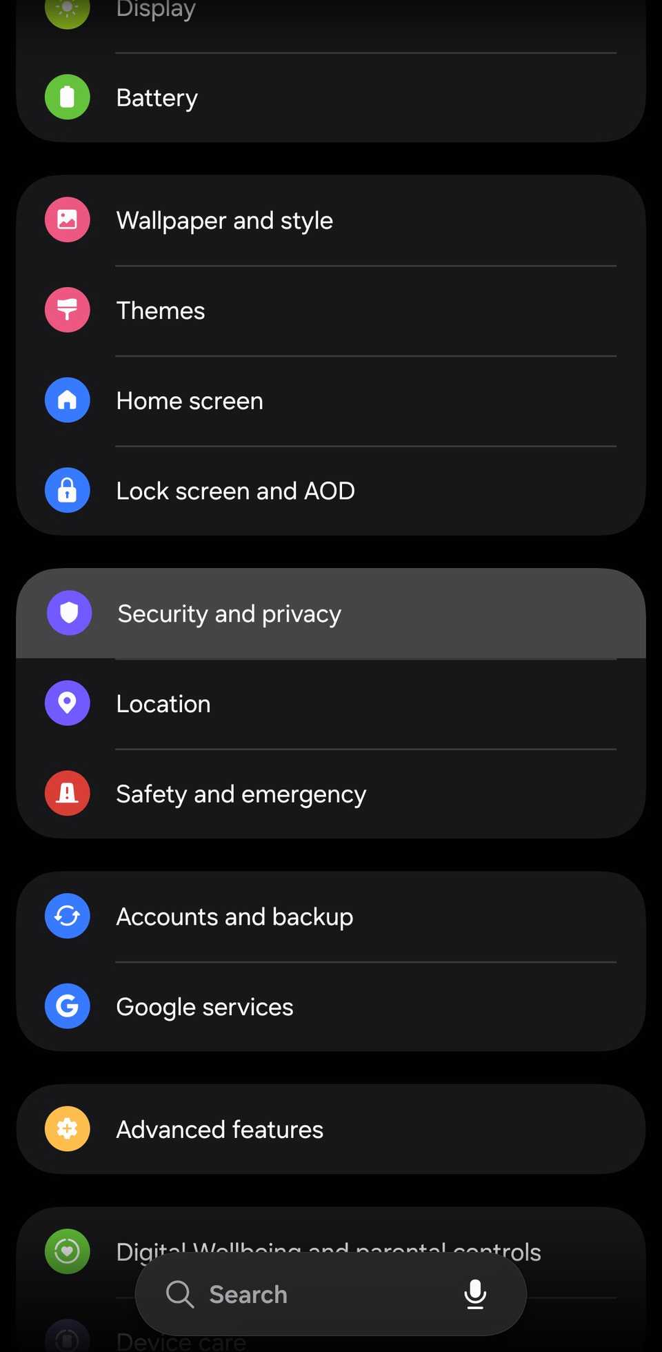 Samsung Galaxy Settings screen with Security and privacy highlighted.