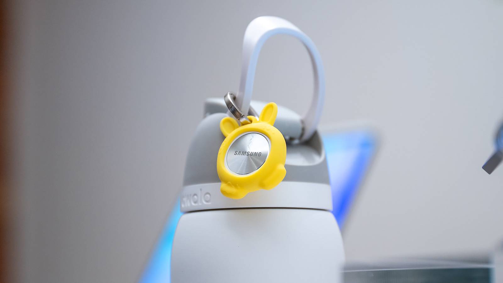 Samsung Smart Tag 3 in a bunny case on a water bottle