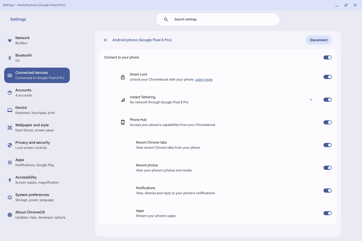 Settings page showing Phone Hub settings in ChromeOS