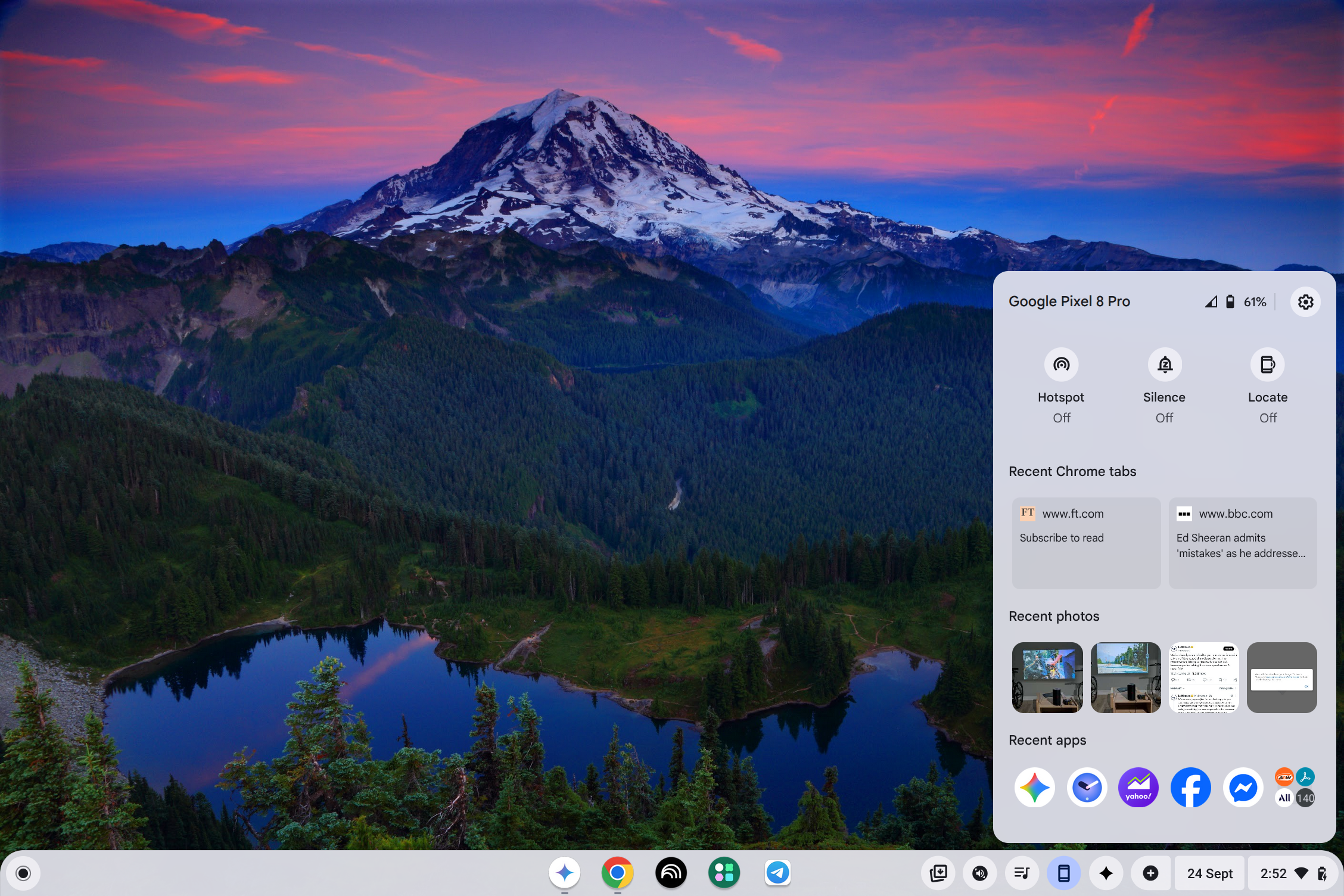 Screenshot of ChromeOS Phone Hub expanded