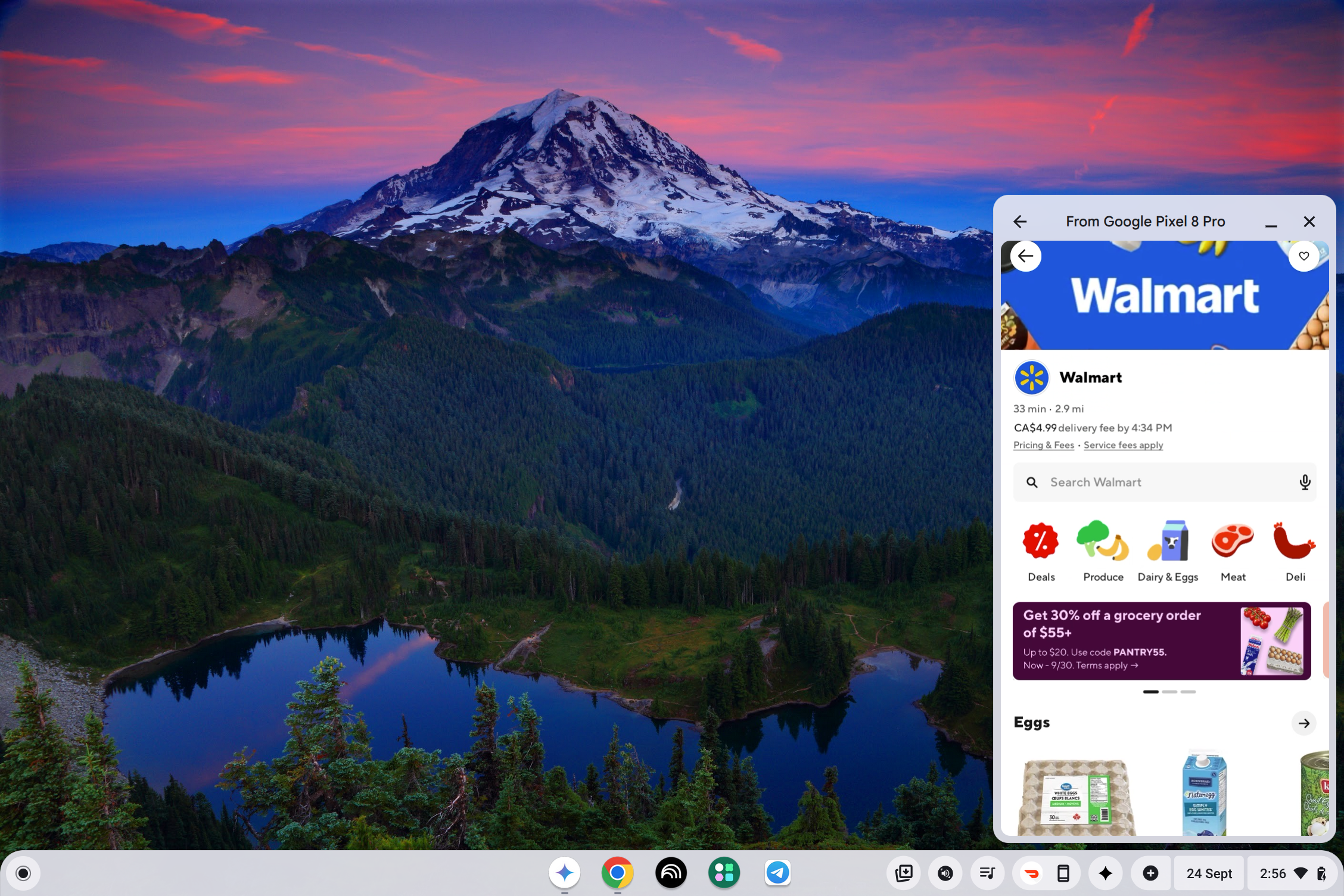 Screenshot of Doordash app mirrored on ChromeOS 
