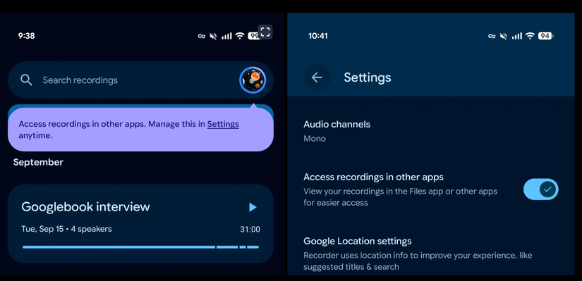 Screenshots showing the menu system of new Google Pixel Recorder app