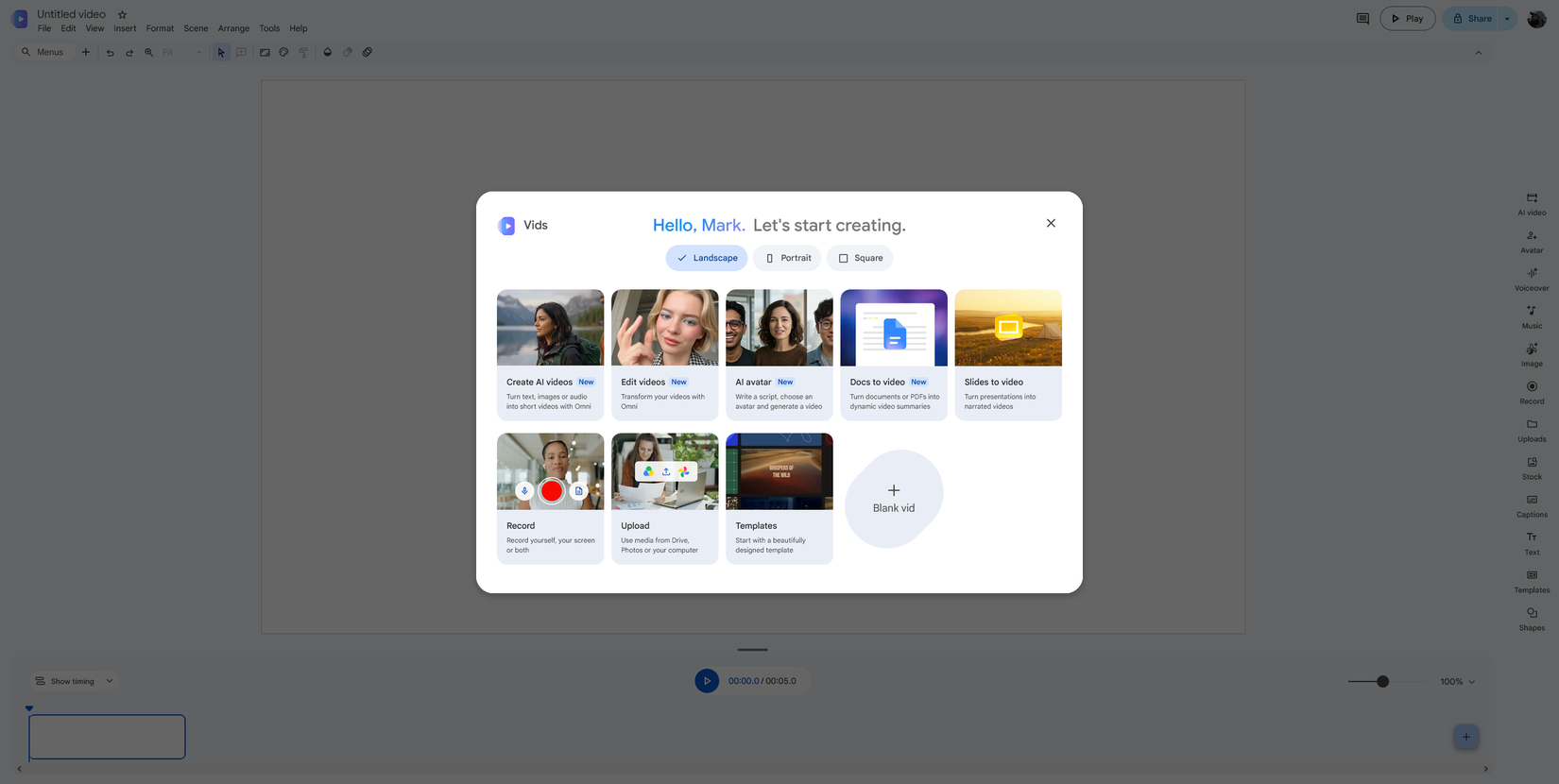 Тестирование Google Vids: почему новая ИИ-платформа не заменит Голливуд Экран приветствия Google Vids на компьютере