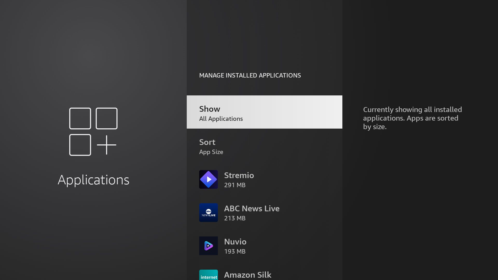 Список установленных приложений в операционной системе Amazon Fire TV