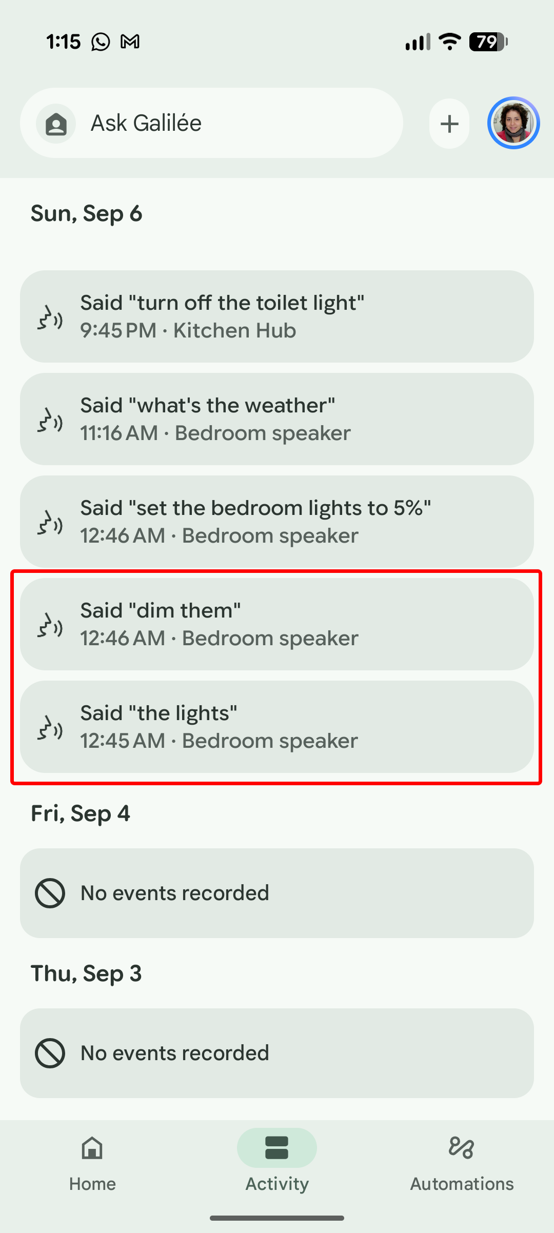 Screenshot of Gemini in Google Home not hearing the "dim" command before "the lights"
