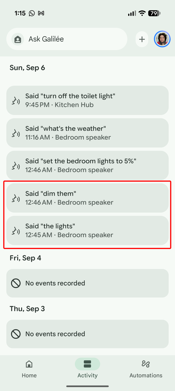 Screenshot of Gemini in Google Home not hearing the "dim" command before "the lights"