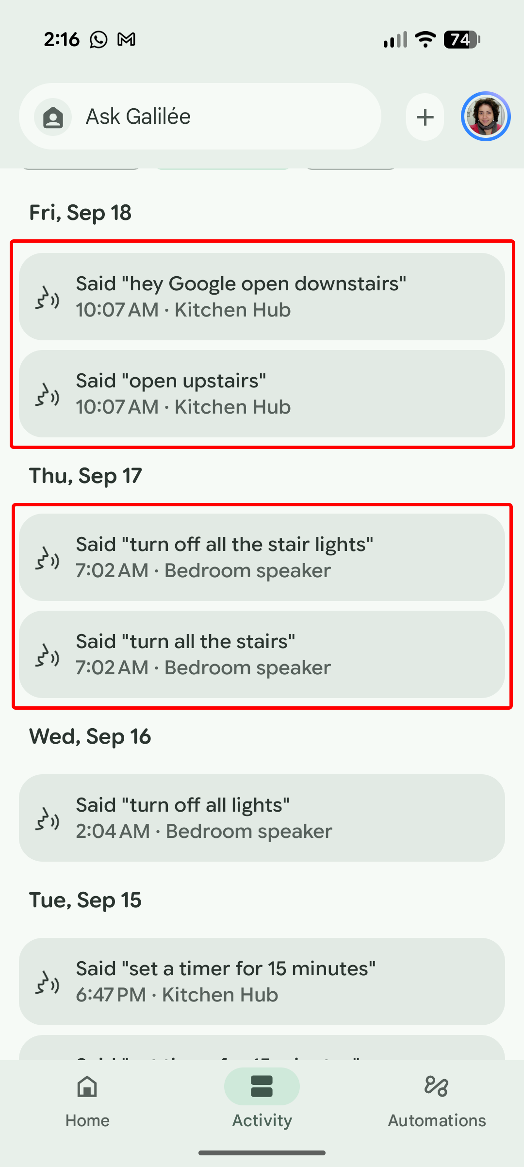 Screenshot of Gemini in Google Home mishearing a stairs light command and a routine command