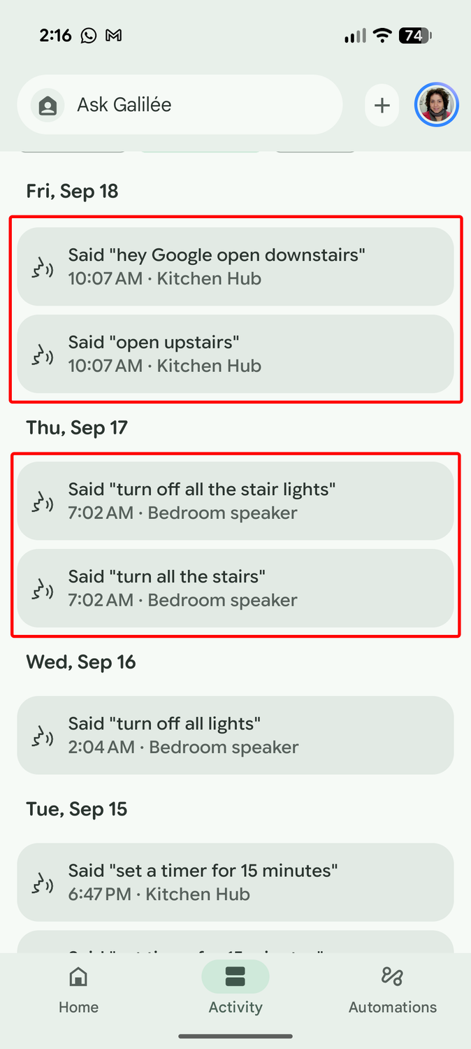 Screenshot of Gemini in Google Home mishearing a stairs light command and a routine command