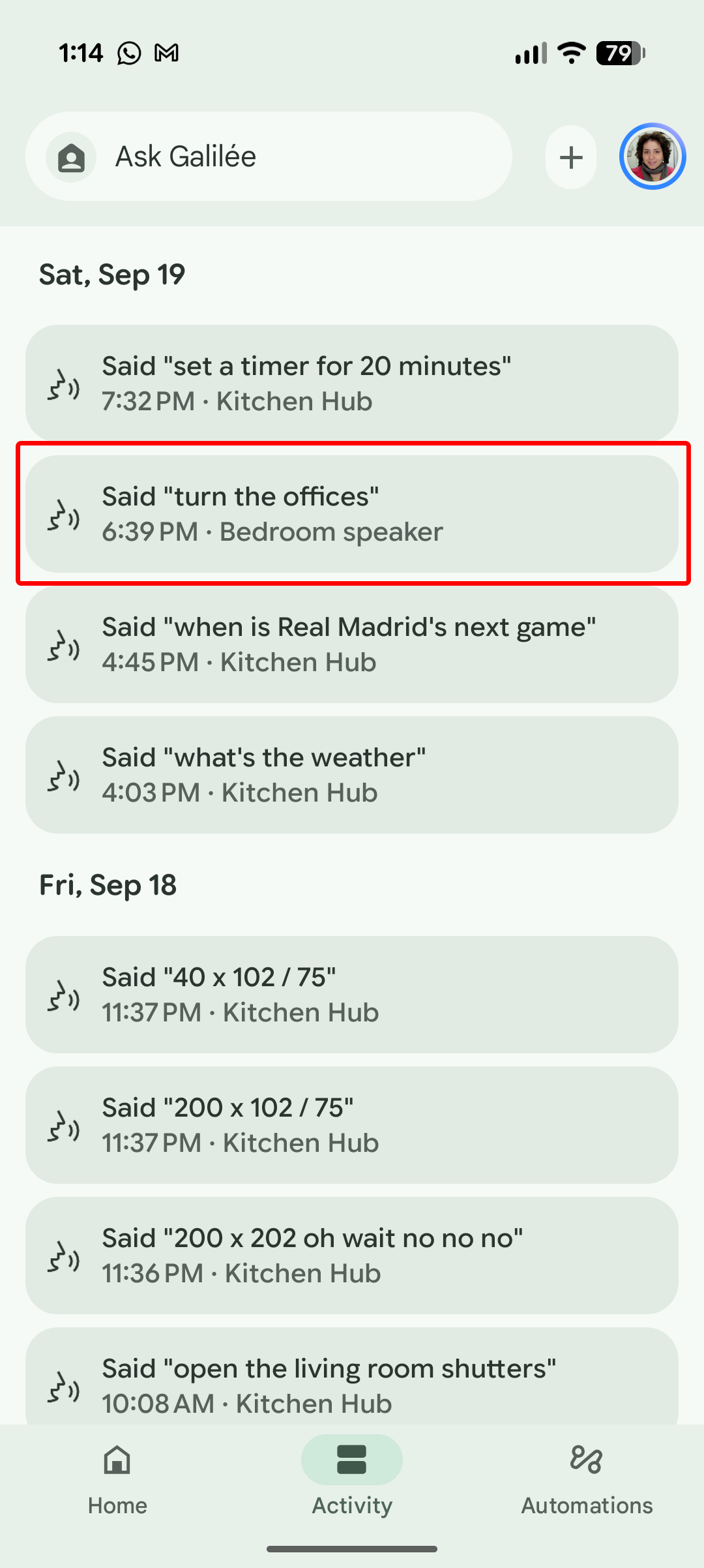 Screenshot of Gemini in Google Home mishearing "open the offices" as "turn the offices"