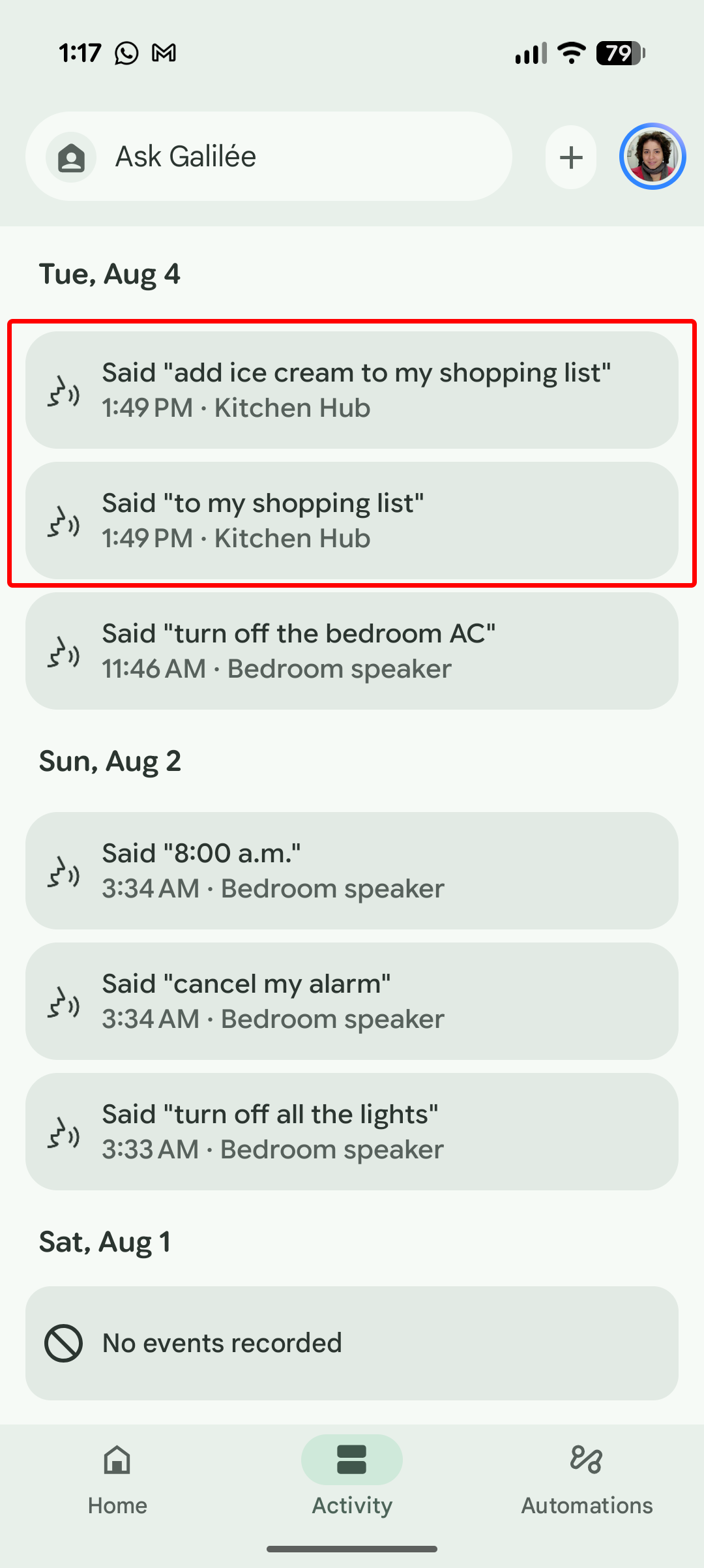Screenshot of Gemini in Google Home not hearing the beginning of a shopping list command
