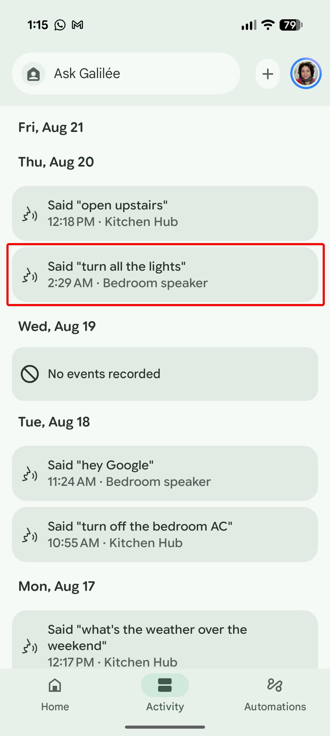 Screenshot of Gemini in Google Home mishearing "turn off all the lights" as "turn all the lights"