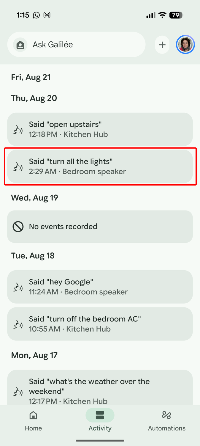 Screenshot of Gemini in Google Home mishearing "turn off all the lights" as "turn all the lights"