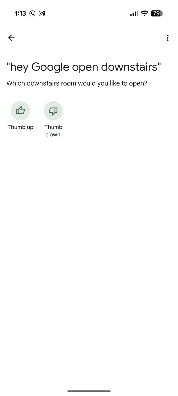 Screenshot of Gemini not understanding my Google Home automation to "open downstairs"