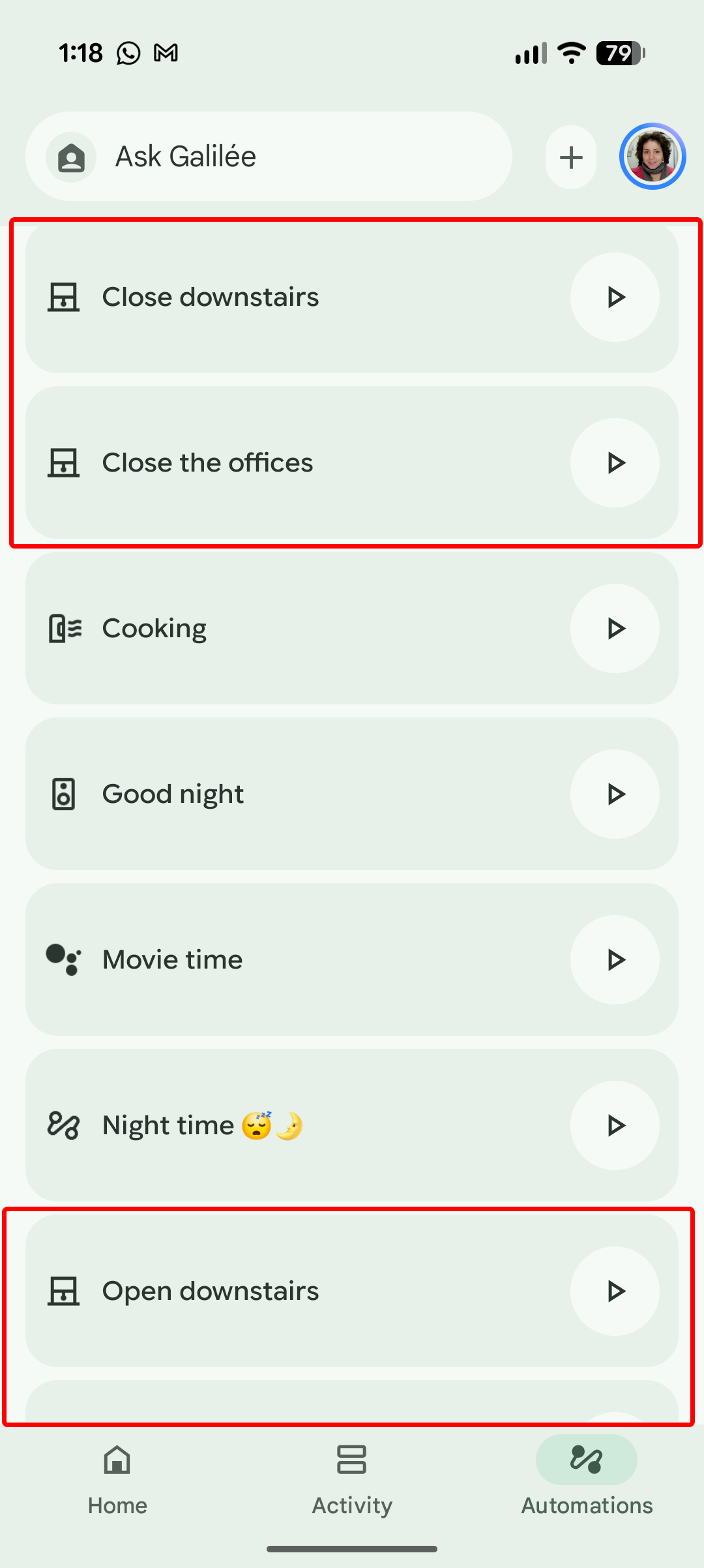 Screenshot of my Google Home automations to open and close downstairs and the offices